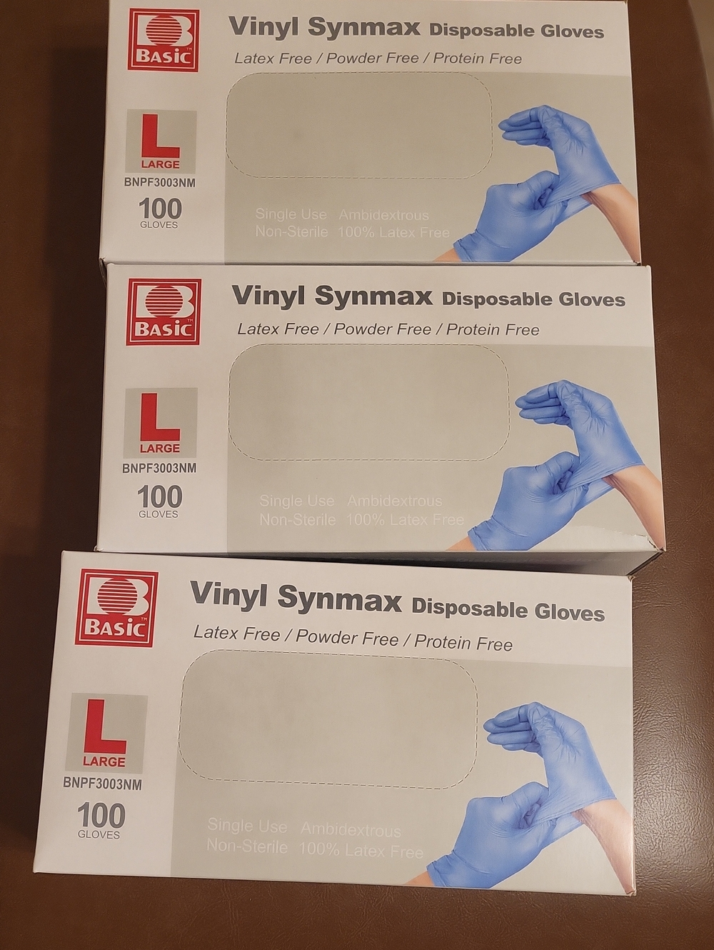 Lot 3 Basic Vinyl Synmax disposable blue Gloves size large 8 1/2-9" latex free